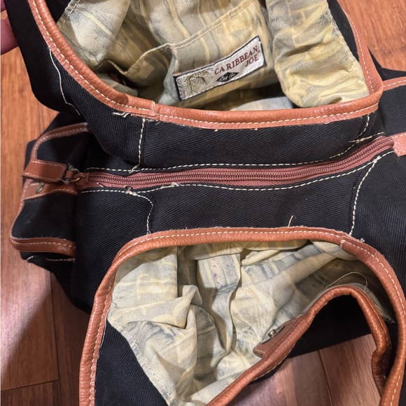 Carribean Joe Canvas & Leather Handbag Black with Tan Accents & Bottom 5 Pockets - Picture 4 of 10